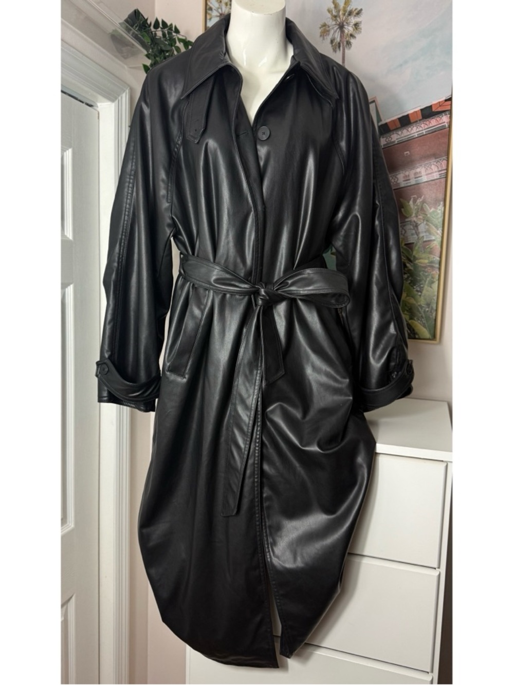 Zara Black Faux Leather Belted Trench Coat Long Jacket Blogger XL Chic